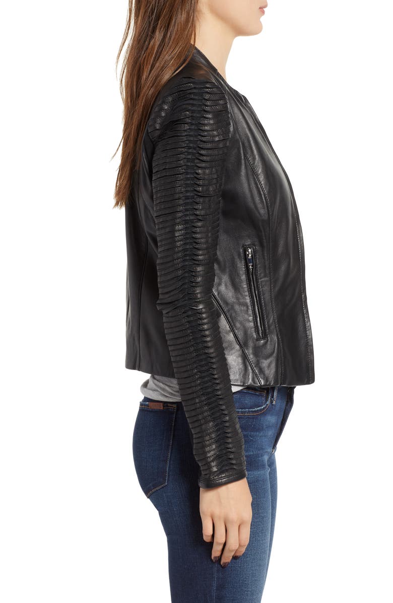 LAMARQUE Collarless Pleated Sleeve Leather Jacket, Alternate, color, 