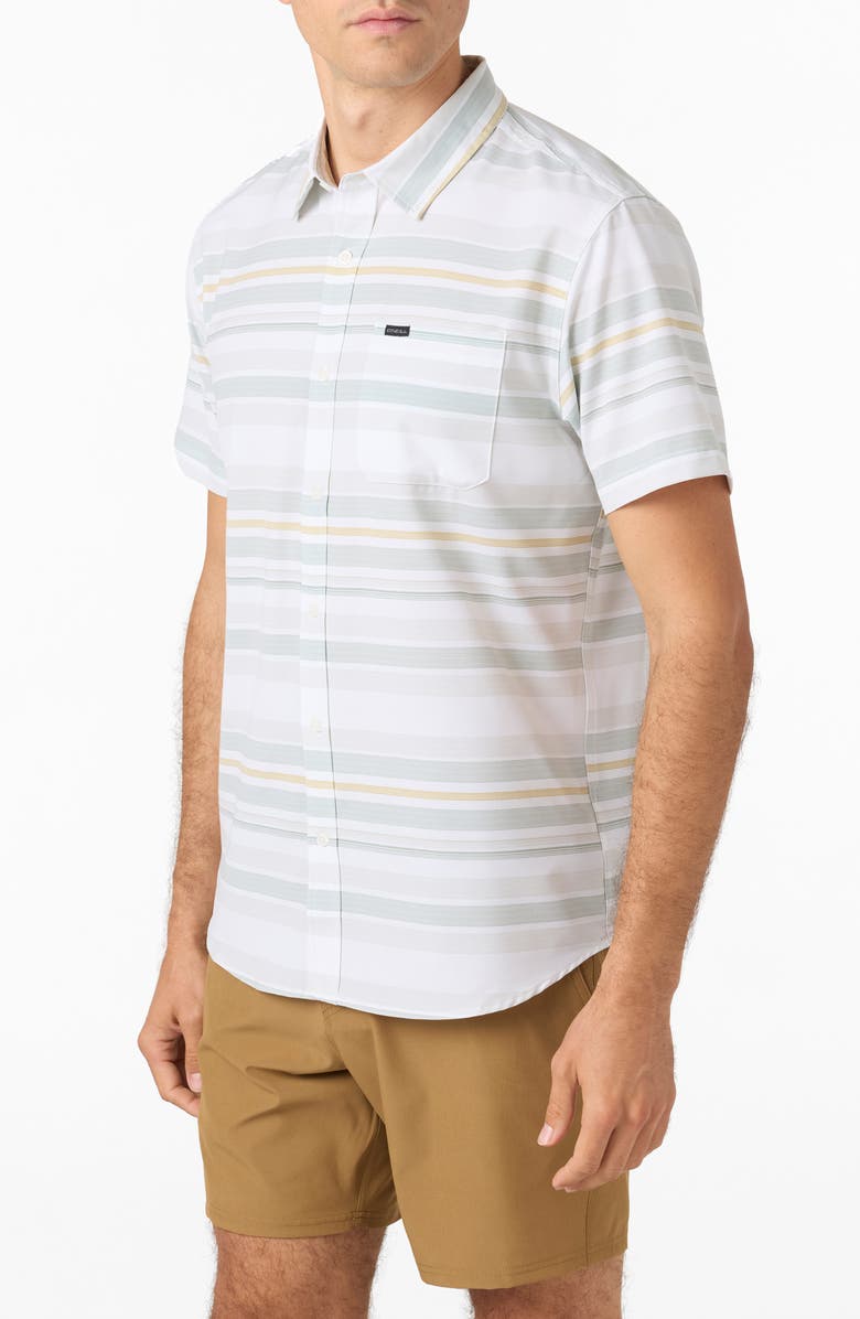 O'Neill TRVLR UPF Traverse Stripe Short Sleeve Performance Button-Up Shirt, Alternate, color, Natural