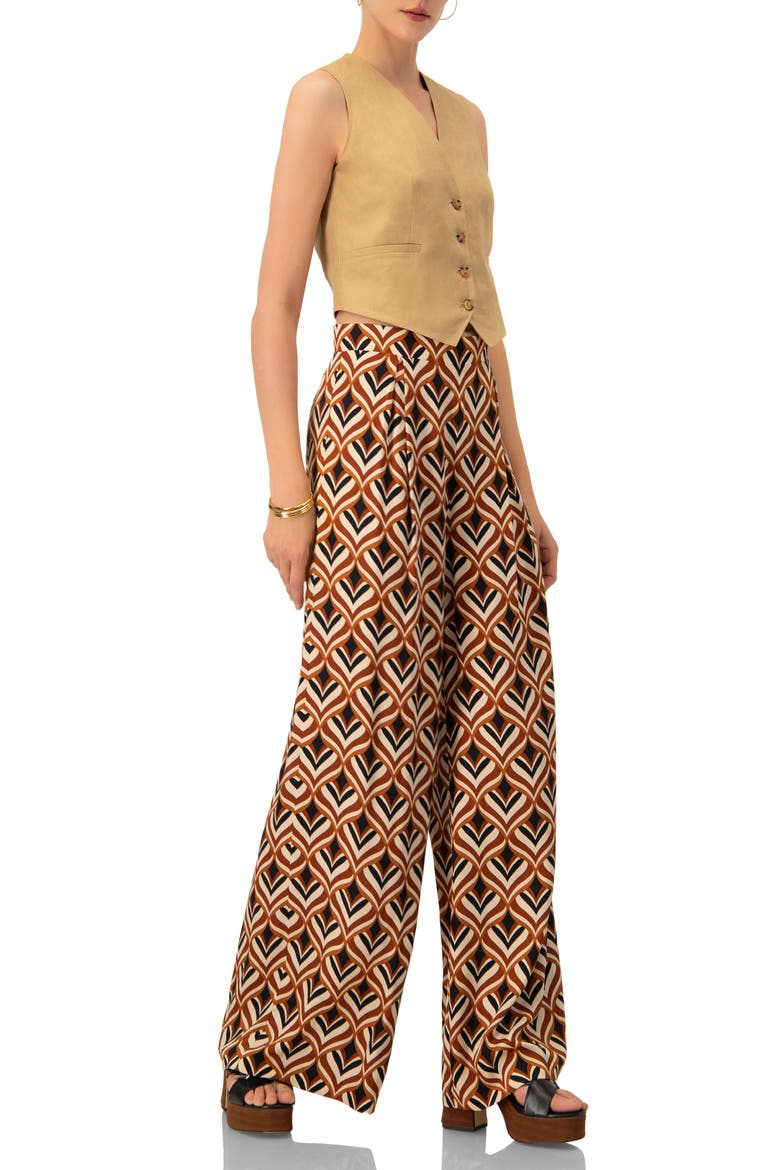 Geometric Wide Leg Printed Pants with Side Zipper, Alternate, color, Multi-Brown