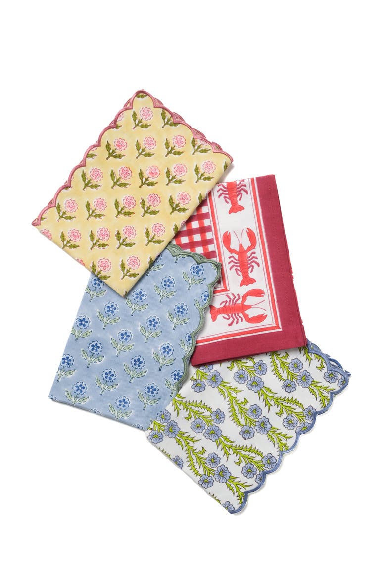 Mona Scallop Embroidered Blockprint Napkins - Set of 4, Alternate, color, Butter Yellow