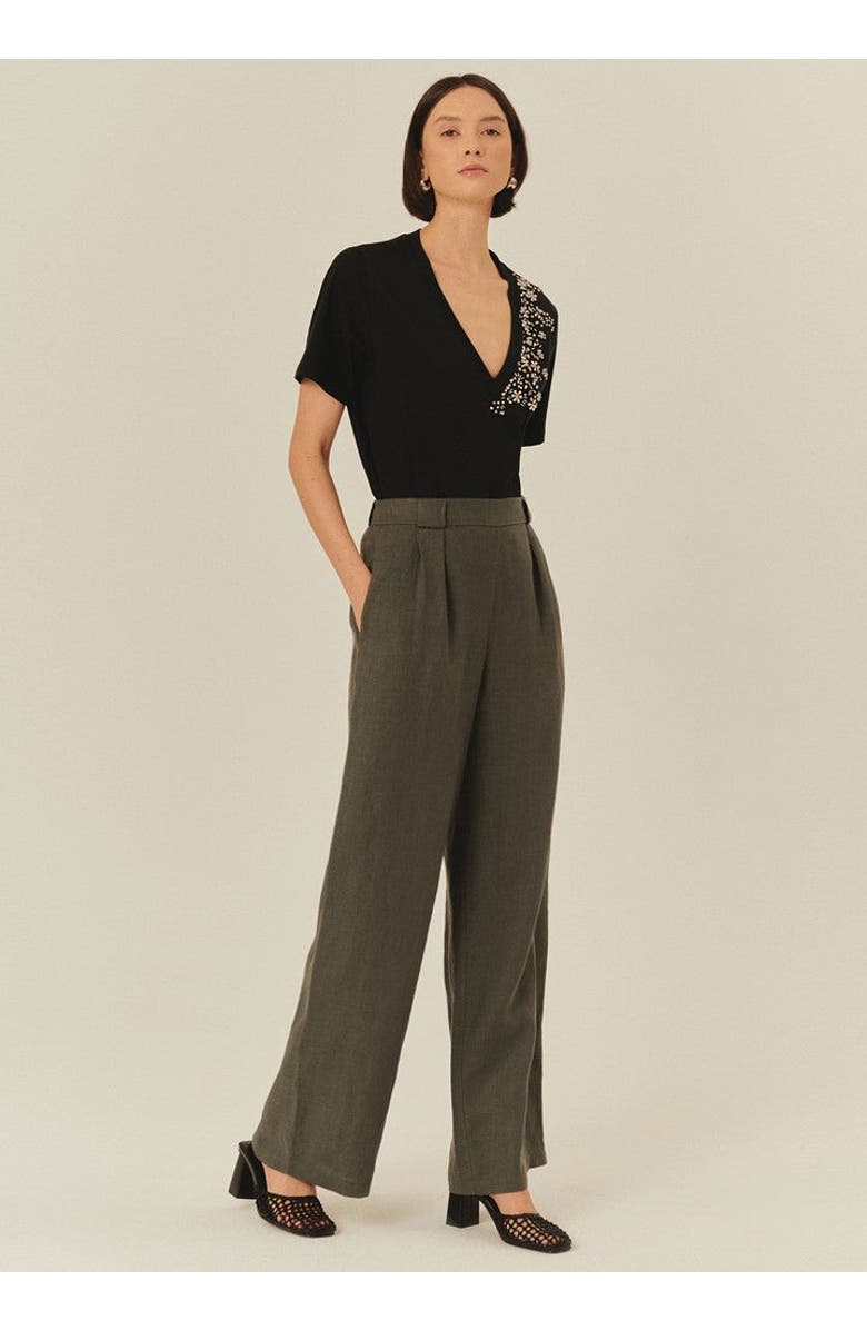 Exquise Royalty Pure Linen Palazzo Pants, Main, color, Grey