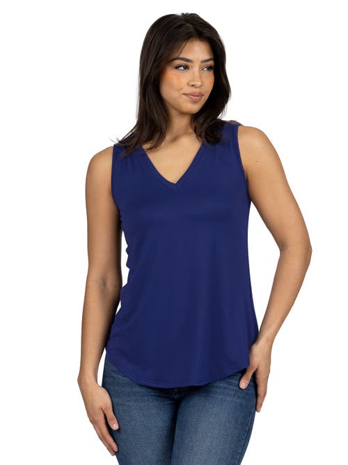 24seven Comfort Apparel Petites V-neck Tunic Tank Top With Round Hemline In Blue