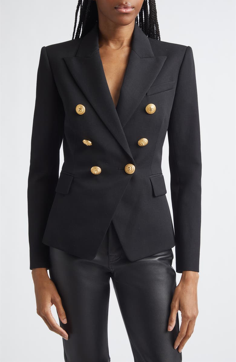 Balmain Double Breasted Wool Blazer, Main, color, Black