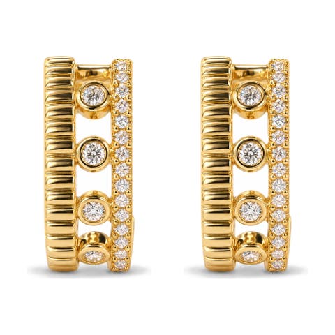 10k Yellow Gold 1/5 Cttw Diamond 3 Row Huggie Hoop Earring