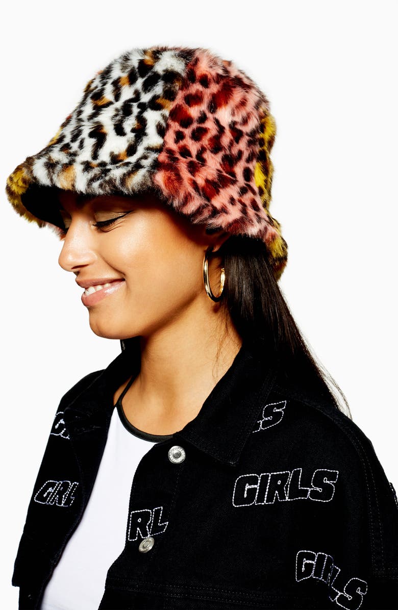 Topshop Mixed Animal Print Faux Fur Bucket Hat, Alternate, color, 