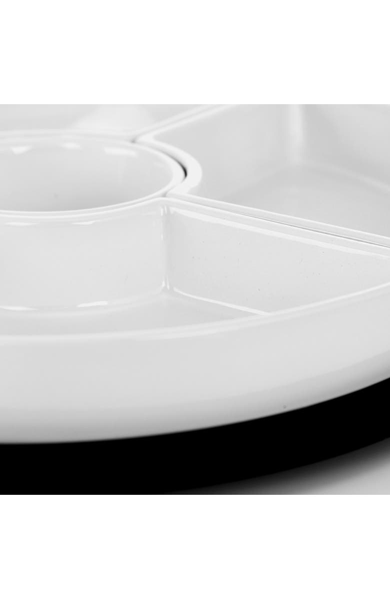 Gibson Elite Gracious Dining 6 Piece Stoneware Sectional Serving Set with Revolving Wood Tray, Alternate, color, White