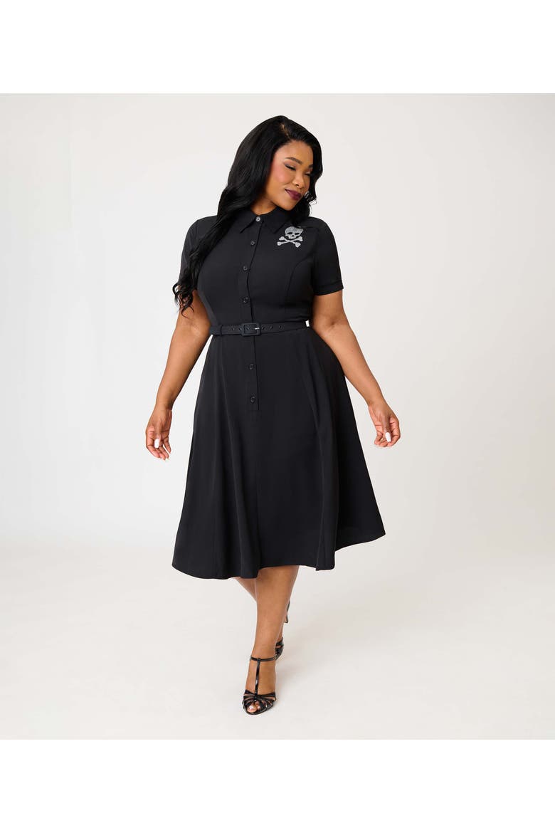 Plus Size 1940s Shirt Dress, Main, color, Black & Rhinestone Skull