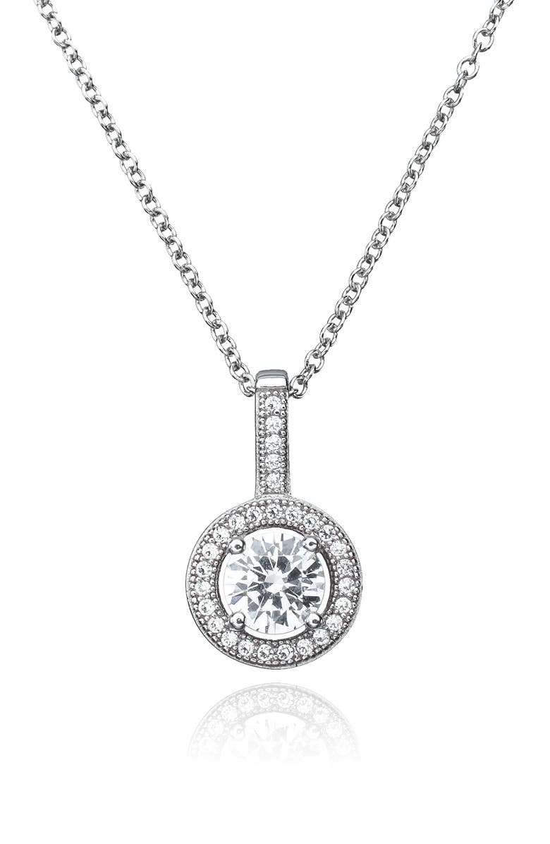 Crislu Brilliant Cut Cubic Zirconia Halo Pendant Necklace, Main, color, Pure Platinum/ Clear Stone