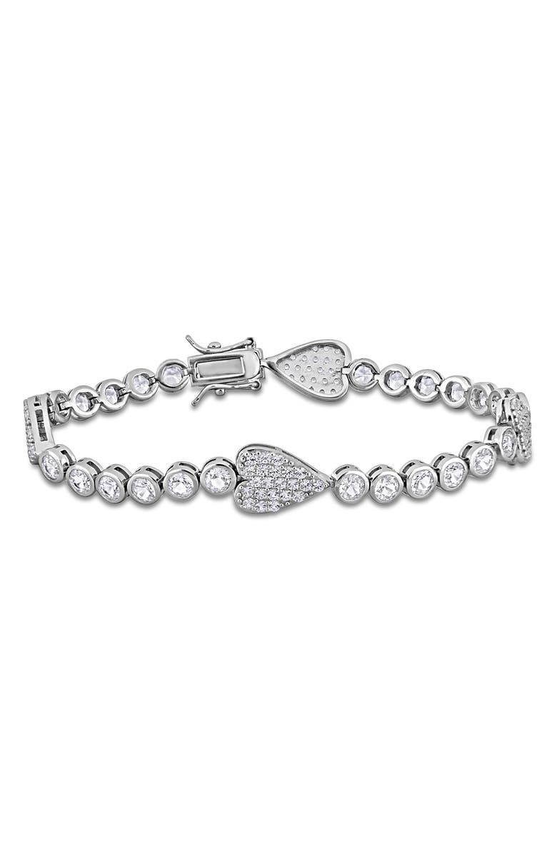 DELMAR Lab Created White Sapphire Heart Station Bracelet, Main, color, White