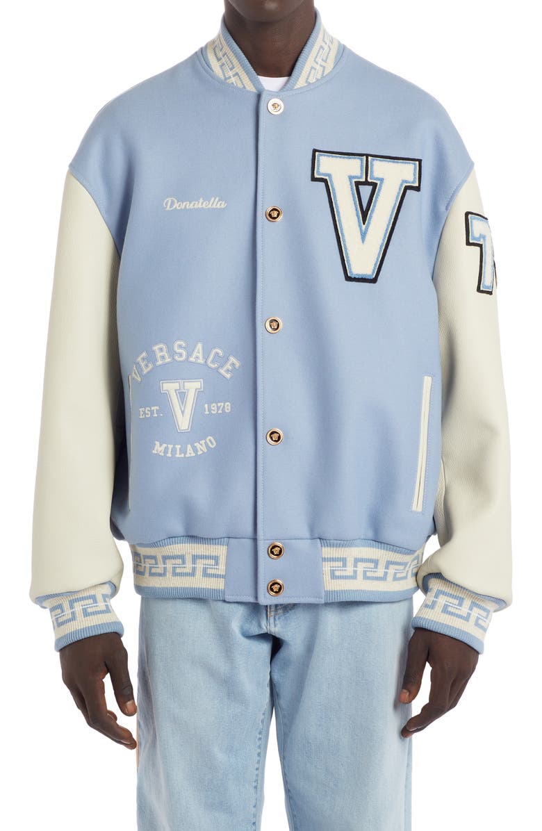 Versace Wool Blend Varsity Jacket with Leather Sleeves, Main, color, 