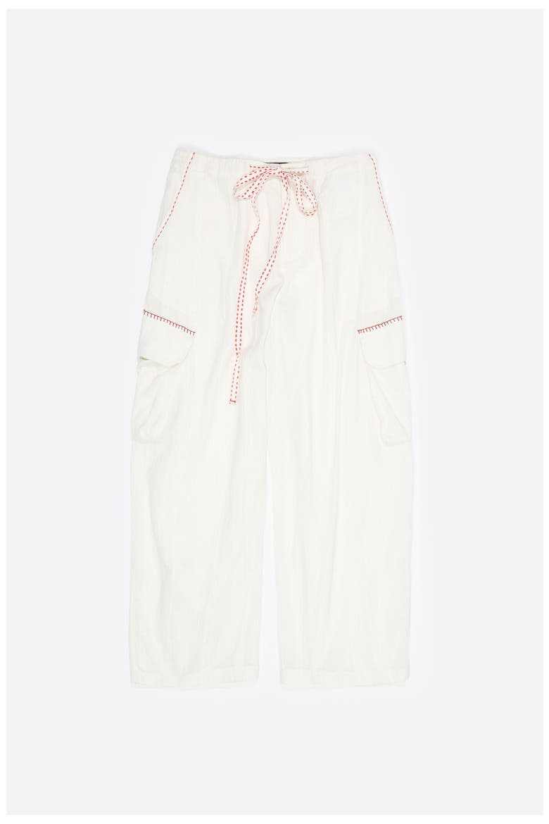 Barrel-Leg Cotton Trousers With Decorative Stitching, Alternate, color, IVORY