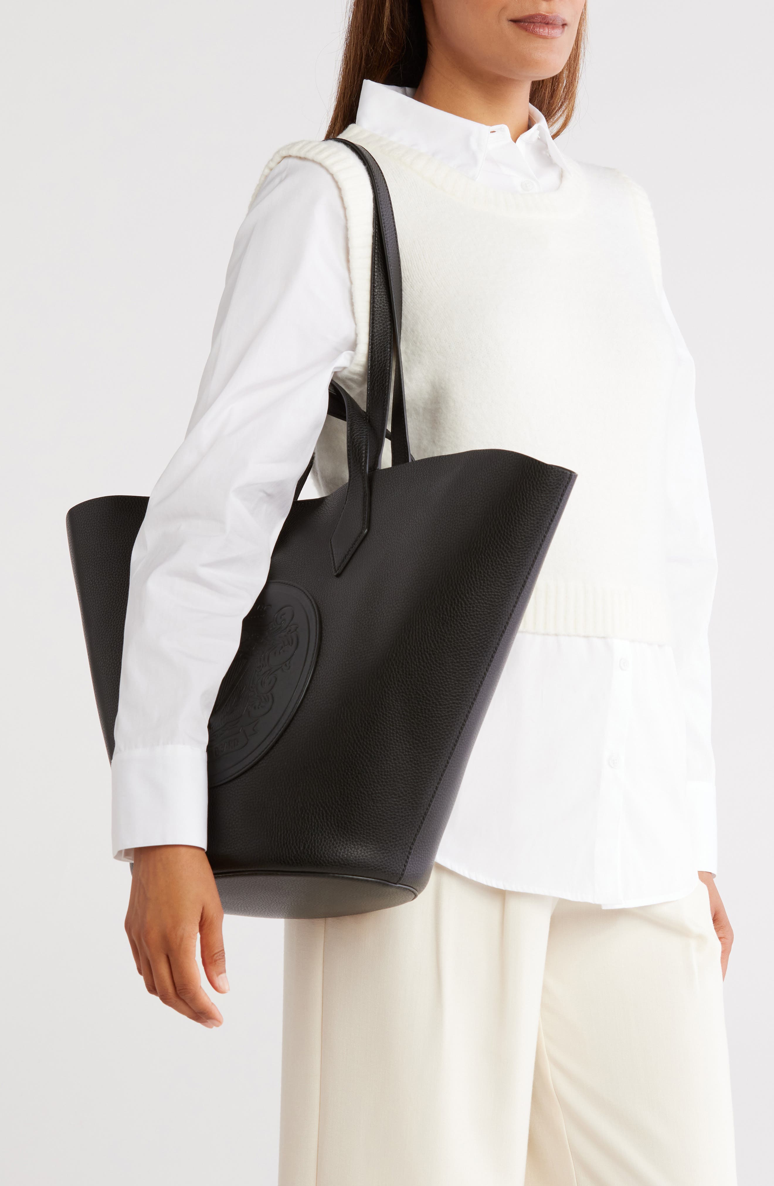 Veronica Beard Embossed Crest Leather Tote Bag, Alternate, color, Black