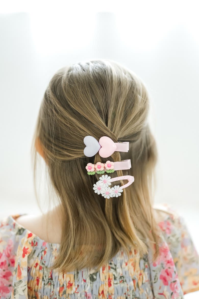 3pc Hair Clip Set - Heart & Daisy Charm, Alternate, color, Strawberry Sugar Bloom