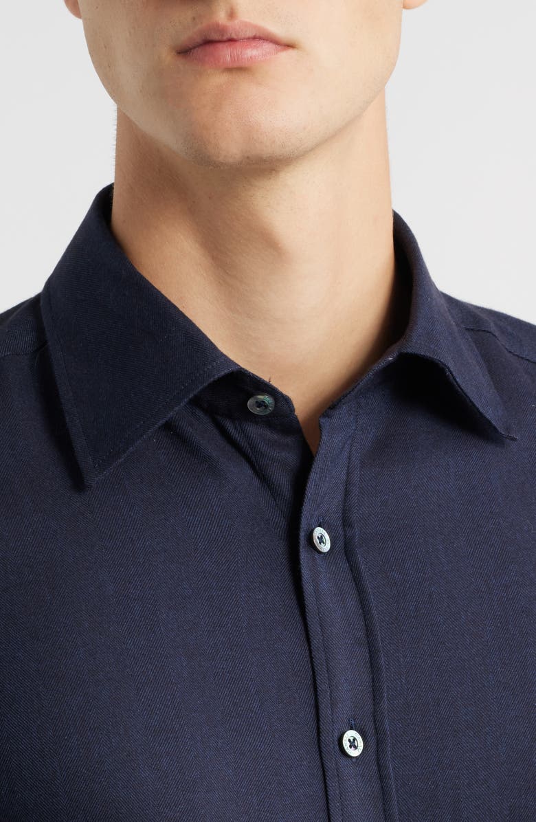 Canali Regular Fit Navy Brushed Cotton Blend Herringbone Button-Up Shirt, Alternate, color, Navy
