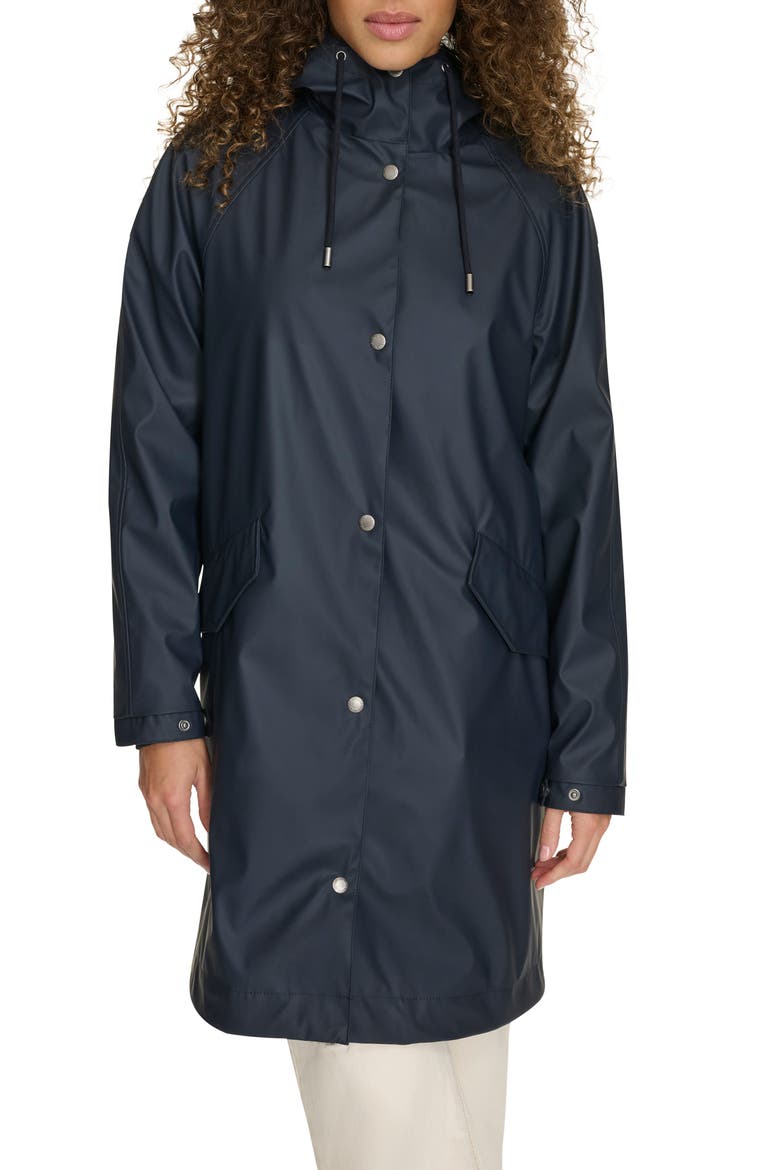 Water Resistant Hooded Long Rain Jacket, Main, color, NAVY
