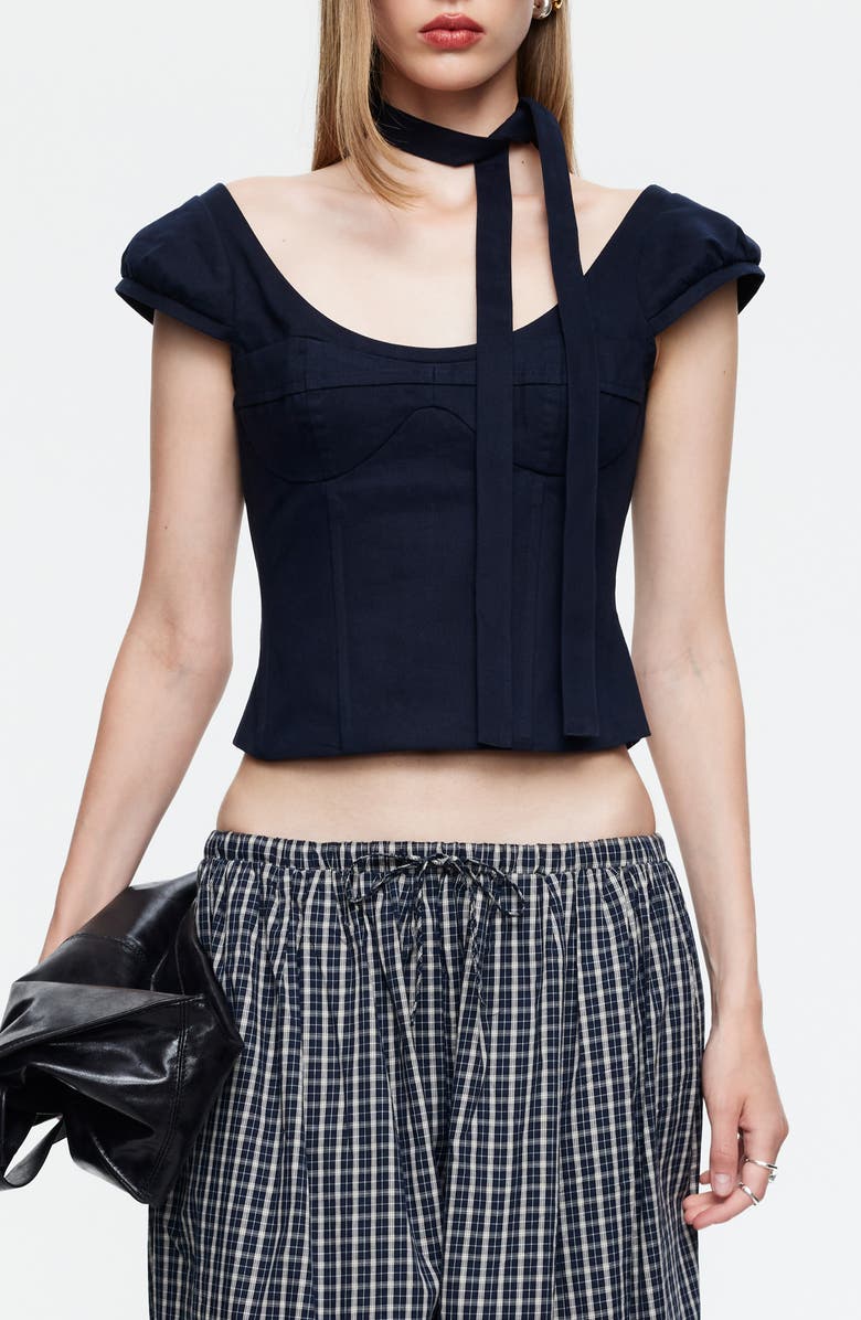 LIONESS Inzio Cotton Corset Top & Scarf Set, Main, color, Navy