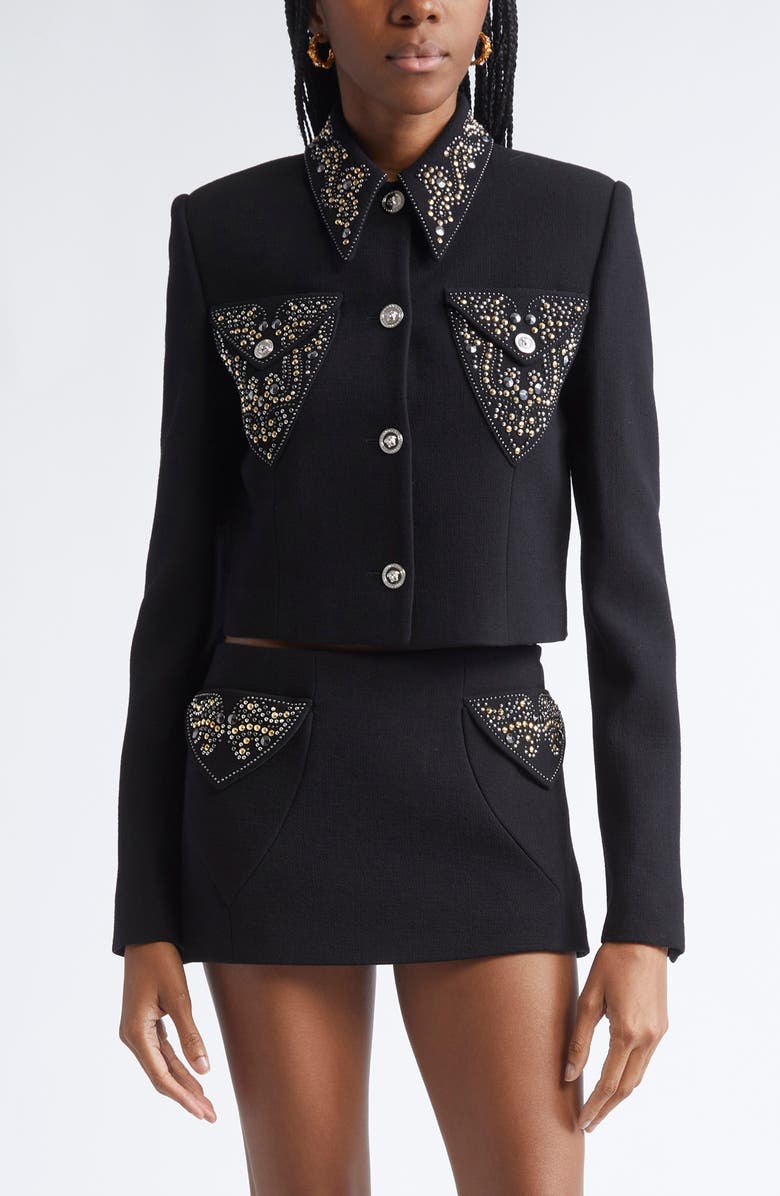 Versace Embellished Wool Blend Crepe Crop Jacket, Main, color, Black