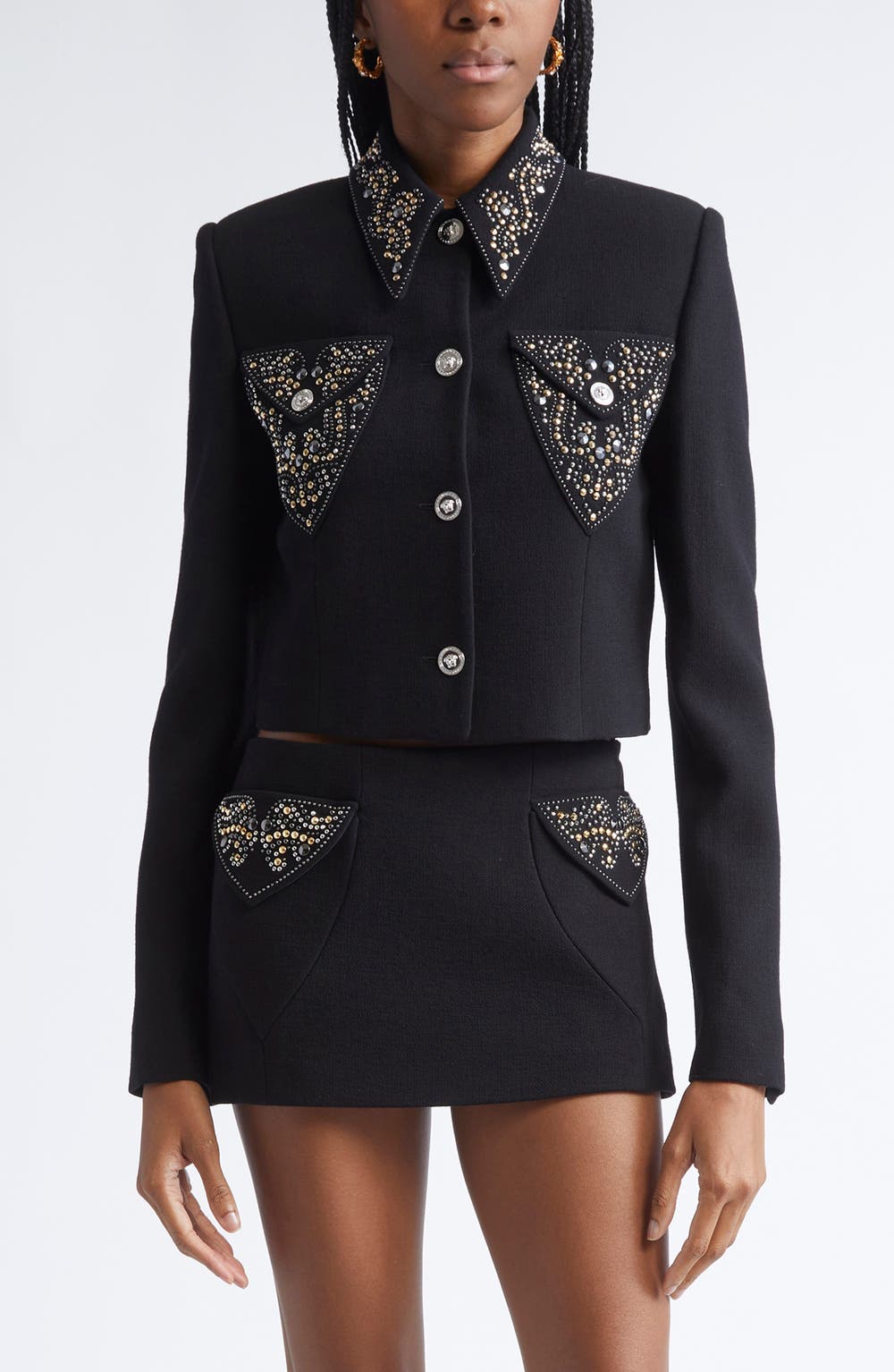 Embellished Wool Blend Crepe Crop Jacket, color, BLACK