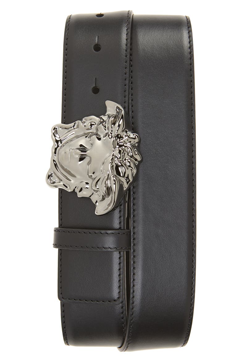 Medusa Head Leather Belt, Main, color, BLACK-RUTHENIUM