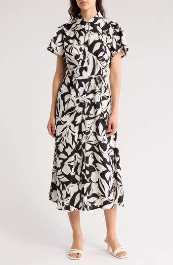 Nordstrom Rack Collared Half Button Wrap Front Shirtdress In Ivory- Grey Foliage Abstract