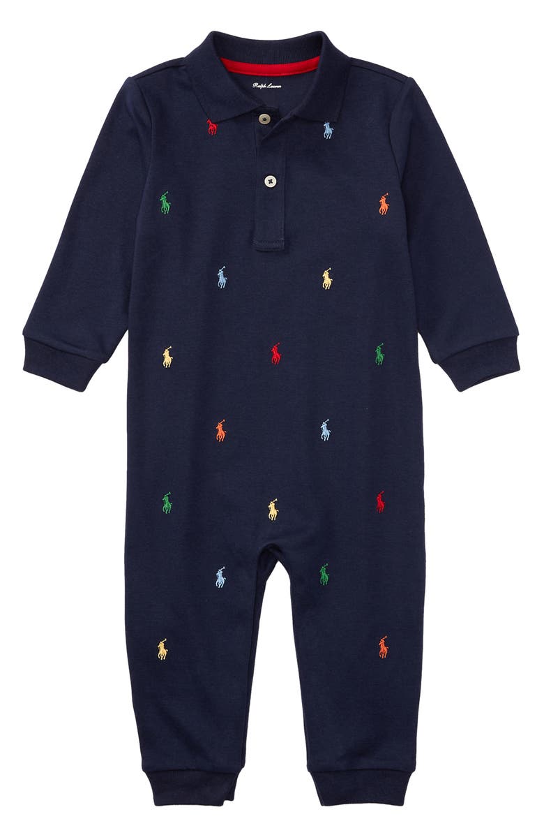 Ralph Lauren Embroidered Romper, Main, color, French Navy