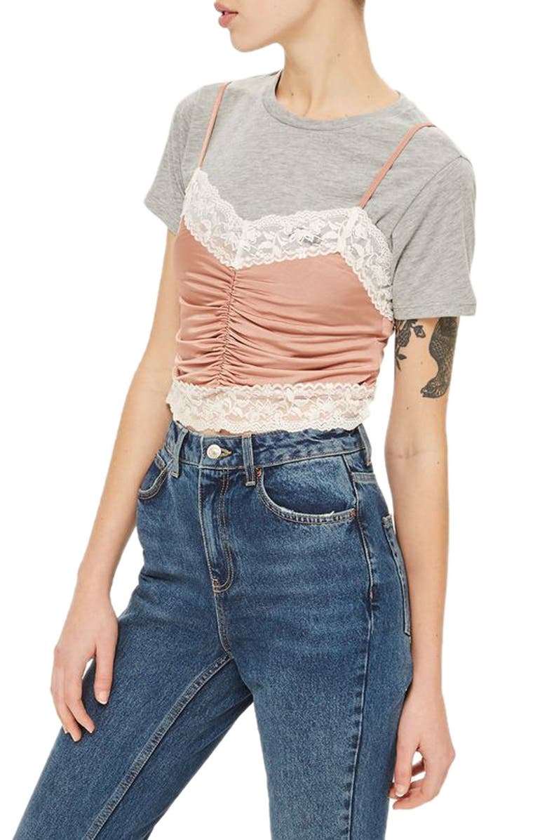 Topshop Ruched Satin & Lace Camisole, Alternate, color,