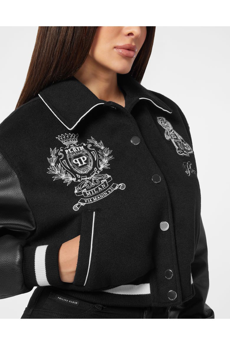 Wool And Leather College Bomber Teddy Women, Alternate, color, black