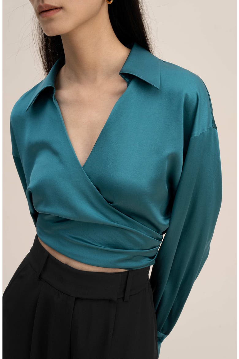 Pure Silk Blouse Wrapover Cropped Shirt, Alternate, color, Adriatic blue