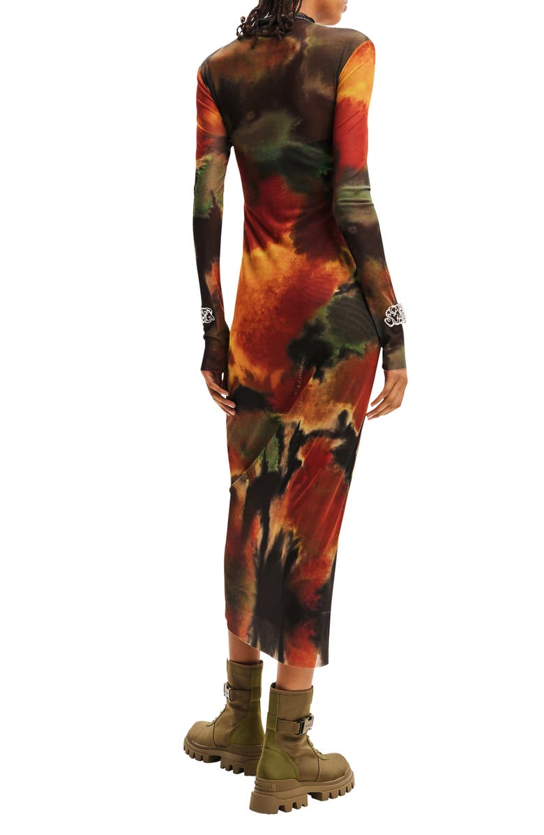 Desigual Watercolor Long Sleeve Tulle Midi Dress, Alternate, color, Brown