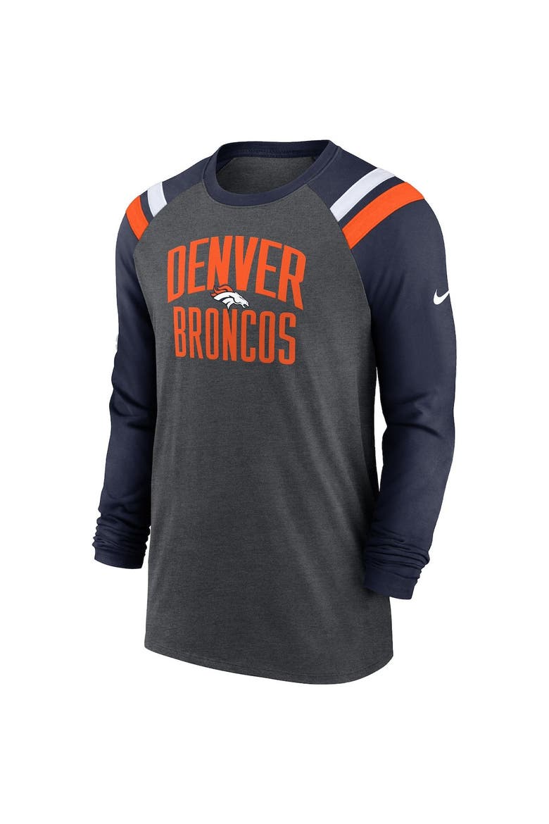 Men's Nike Heathered Charcoal/Navy Denver Broncos Tri-Blend Raglan Athletic Long Sleeve Fashion T-Shirt, Alternate, color, Heather Charcoal