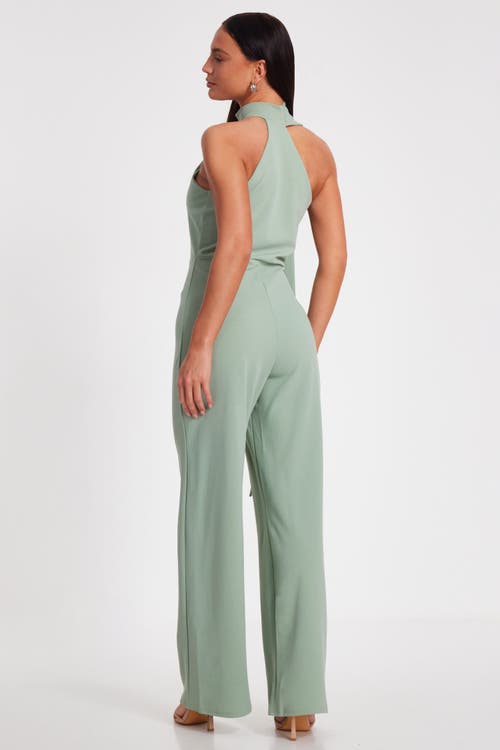 Quiz Scuba Crepe Halter Neck Jumpsuit With Scarf Tie Detail In Sage