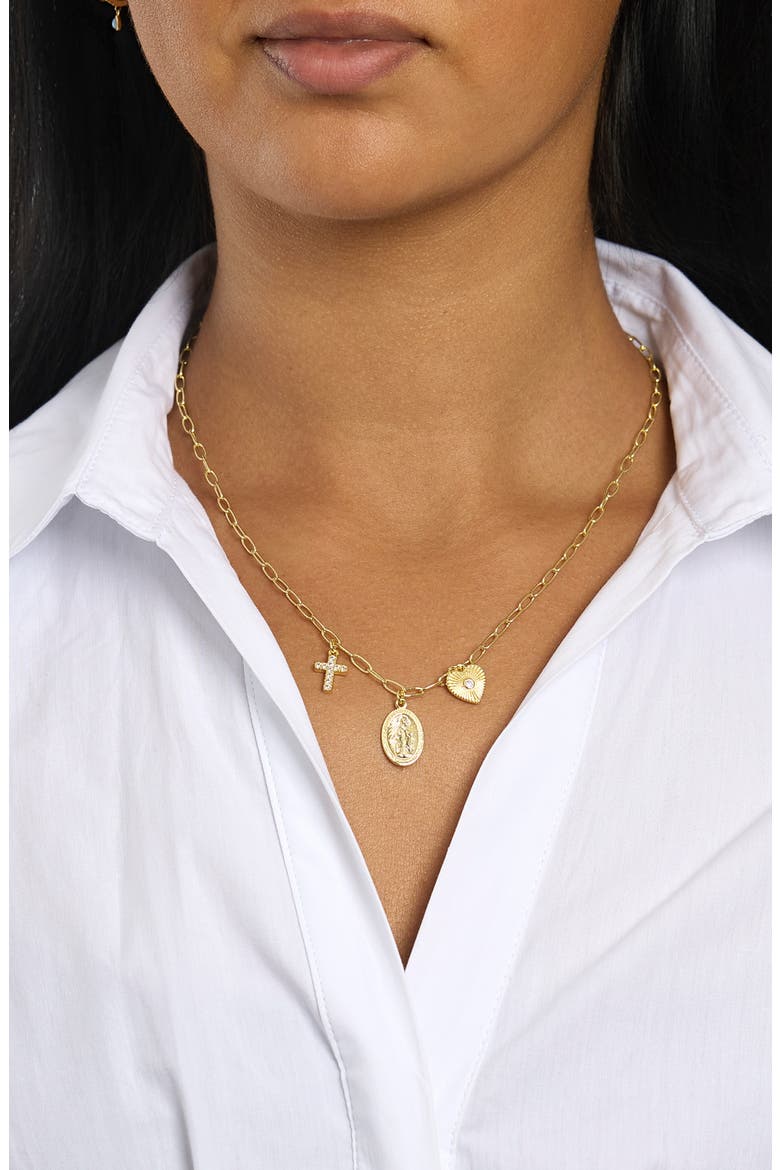 Cubic Zirconia 3-Charm Religious Necklace, Alternate, color, GOLD