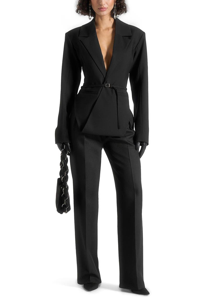 Yuna Plunge Tailored Blazer With Belt, Alternate, color, Black