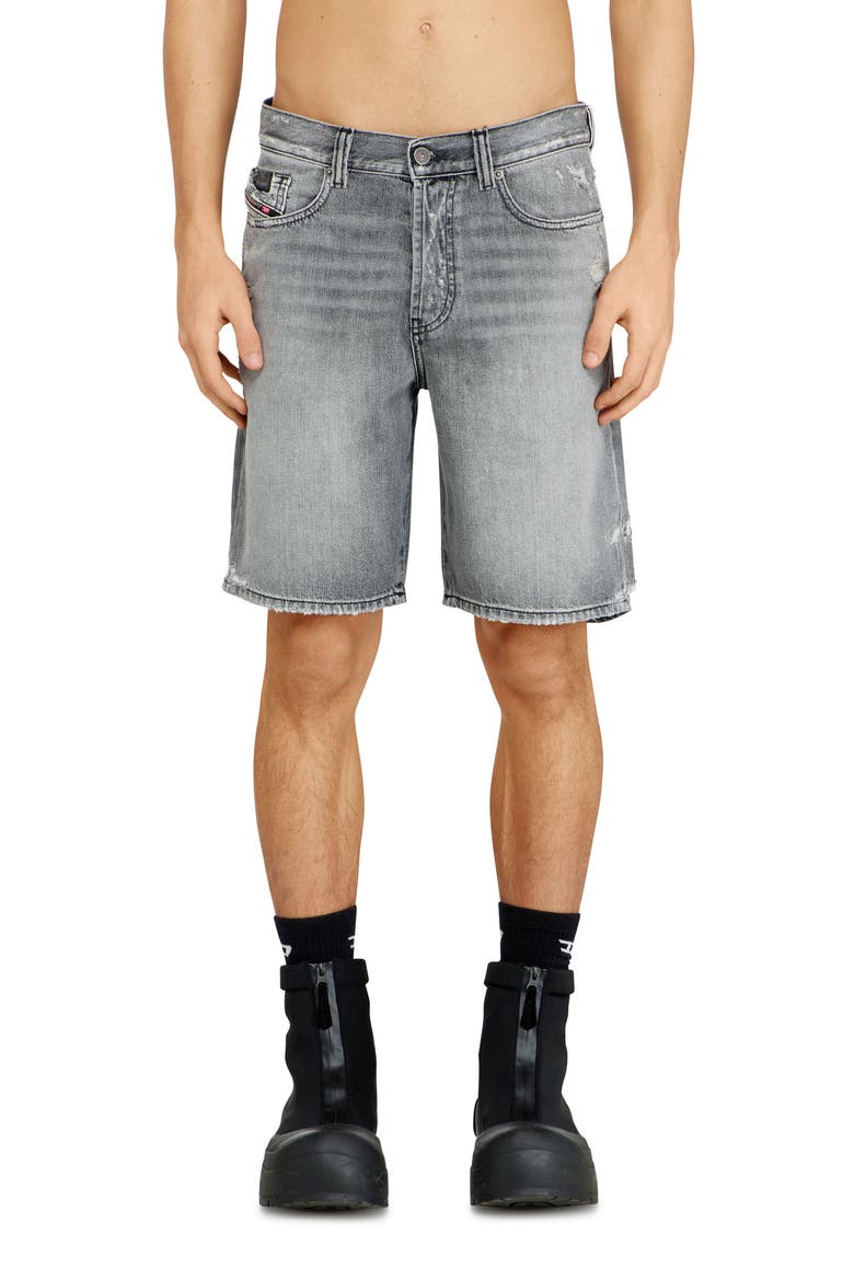 Regular-Short Distressed Denim Shorts, Main, color, 008 - BLACK/ DENIM