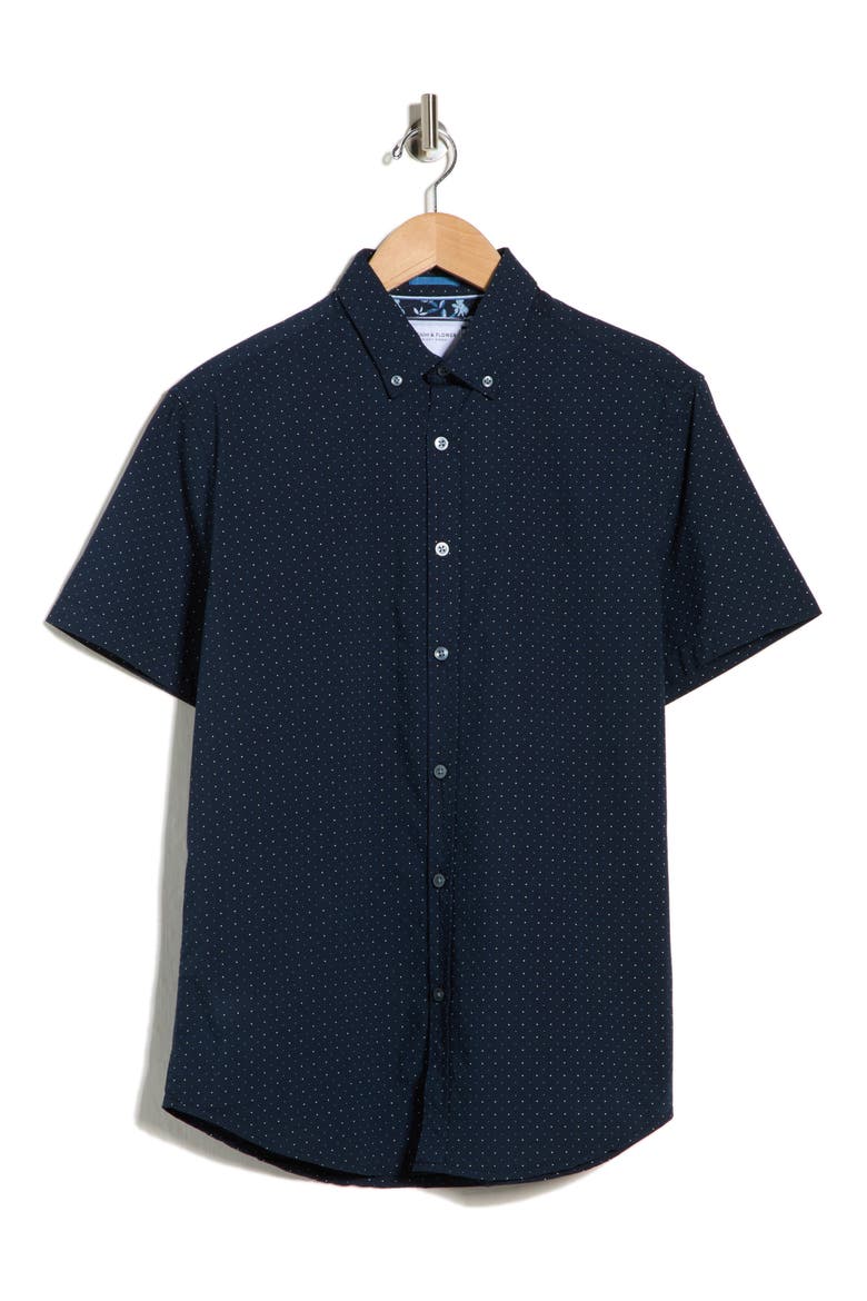 Dot Print Short Sleeve Button-Down Shirt, Alternate, color, NAVY