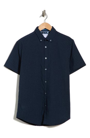 Denim And Flower Dot Print Short Sleeve Button-down Shirt In Blue