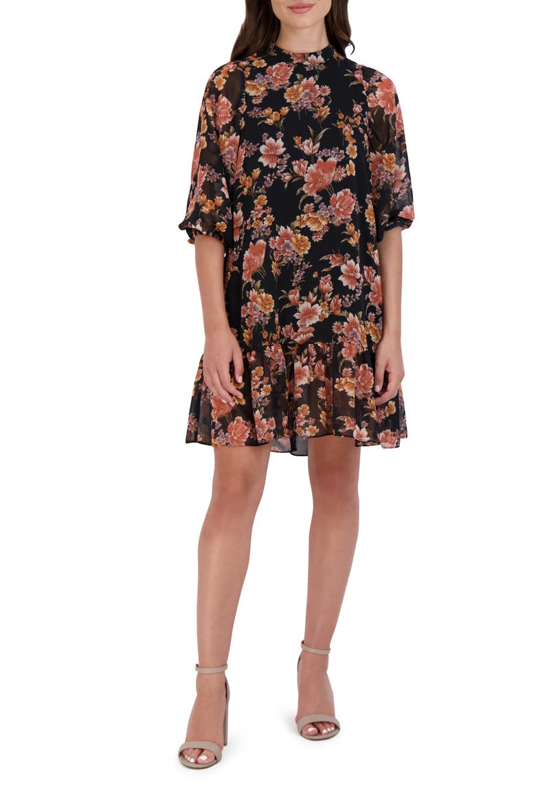 Floral Print Shift Dress, Main, color, BLACK MULTI