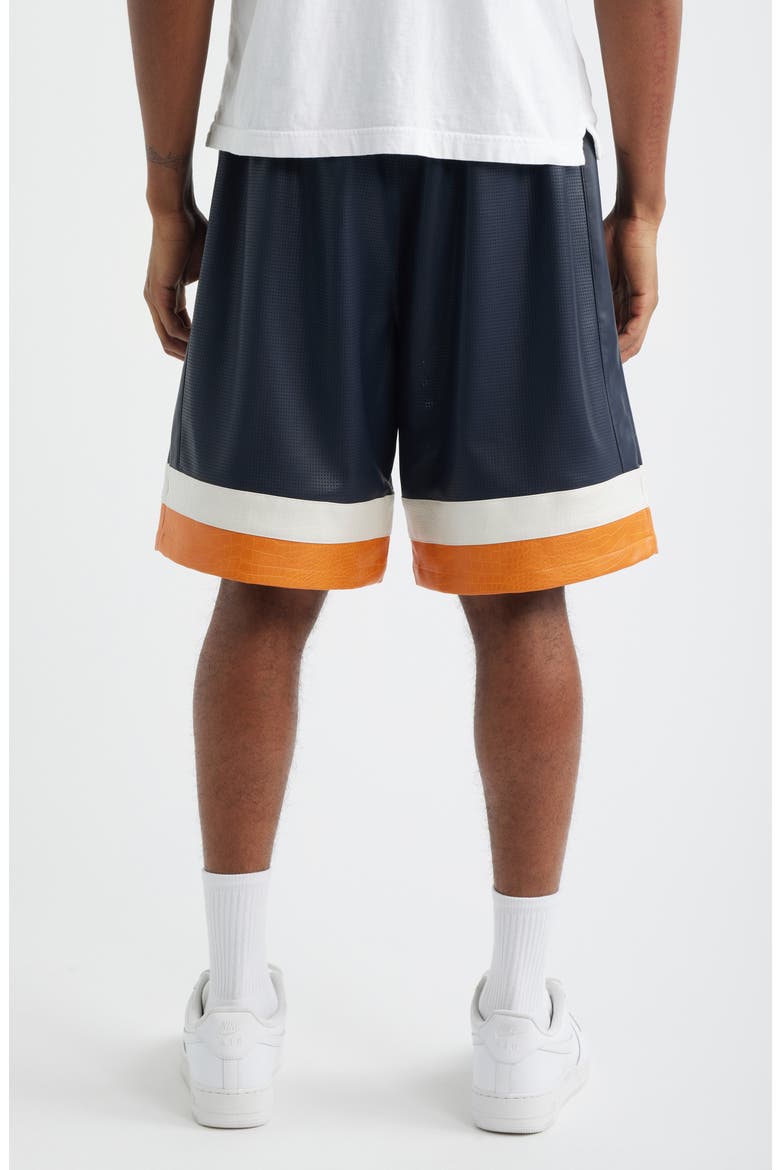 Stadium Perforated Faux Leather Shorts, Alternate, color, NAVY/ ORANGE/ ECRU