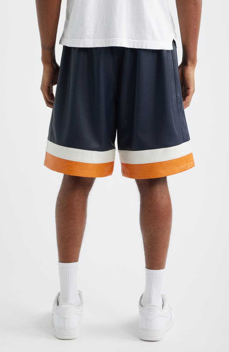 CRIMINAL DAMAGE Stadium Perforated Faux Leather Shorts, Alternate, color, Navy/ Orange/ Ecru