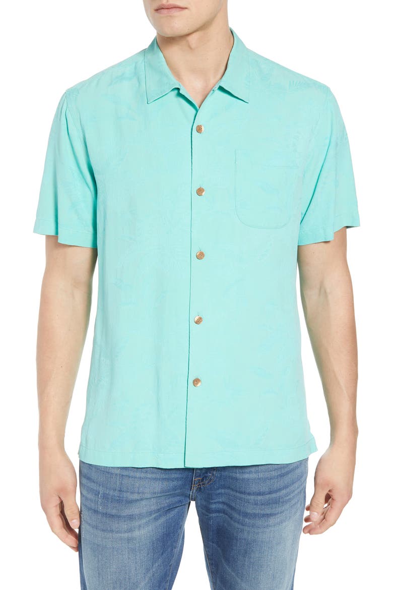 St Lucia Fronds Silk Camp Shirt, Main, color, MINT MOJITO