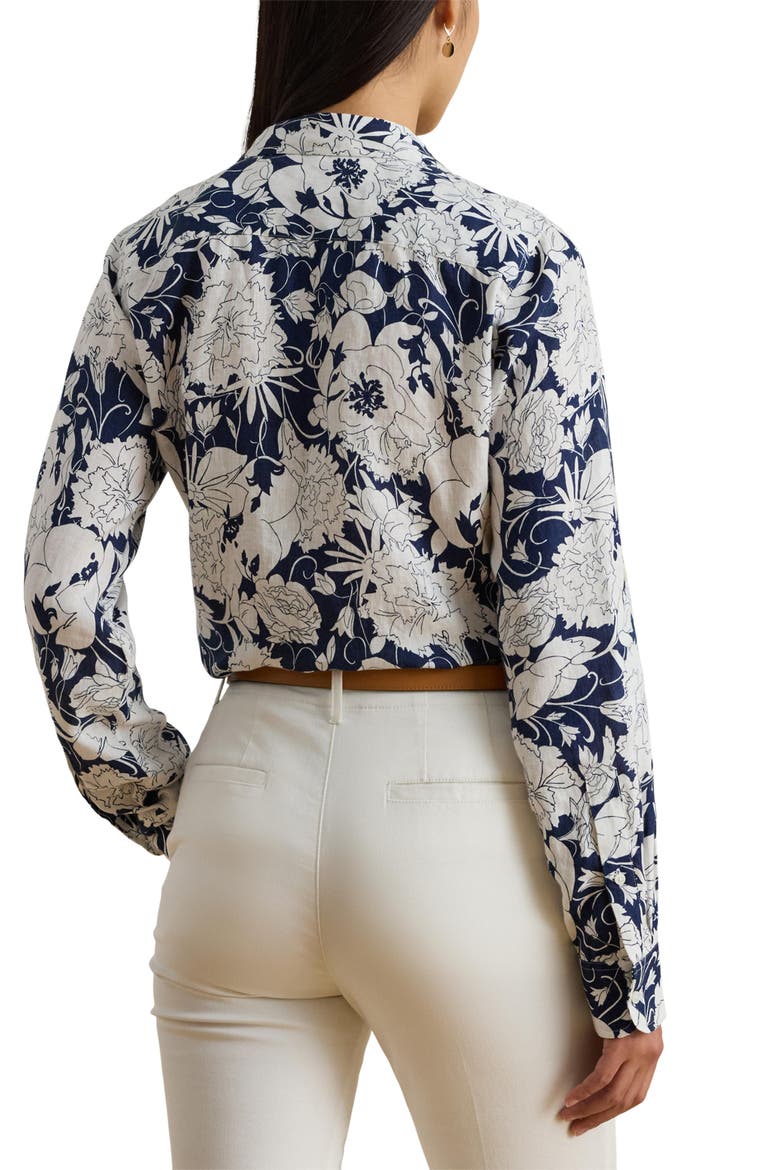Karrie Floral Linen Button-Up Shirt, Alternate, color, WHITE/ NAVY BLUE