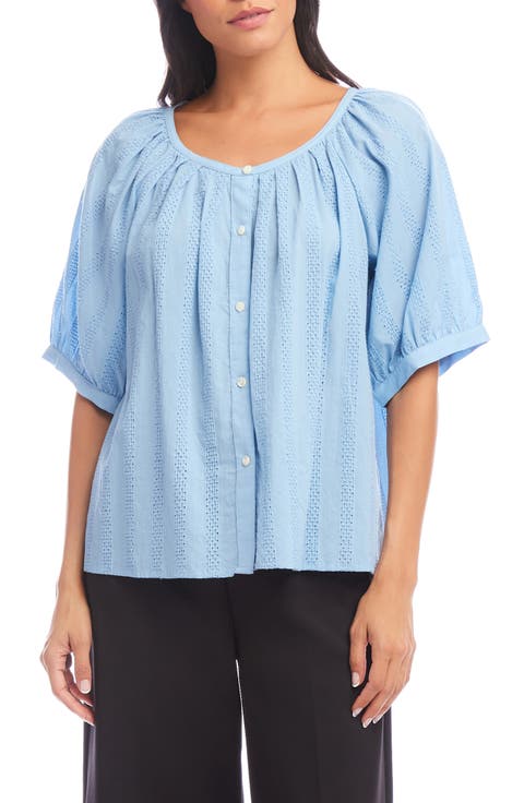 Embroidered Cotton Button-Up Peasant Top (Regular & Petite)