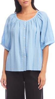 Karen Kane Embroidered Cotton Button-Up Peasant Top
