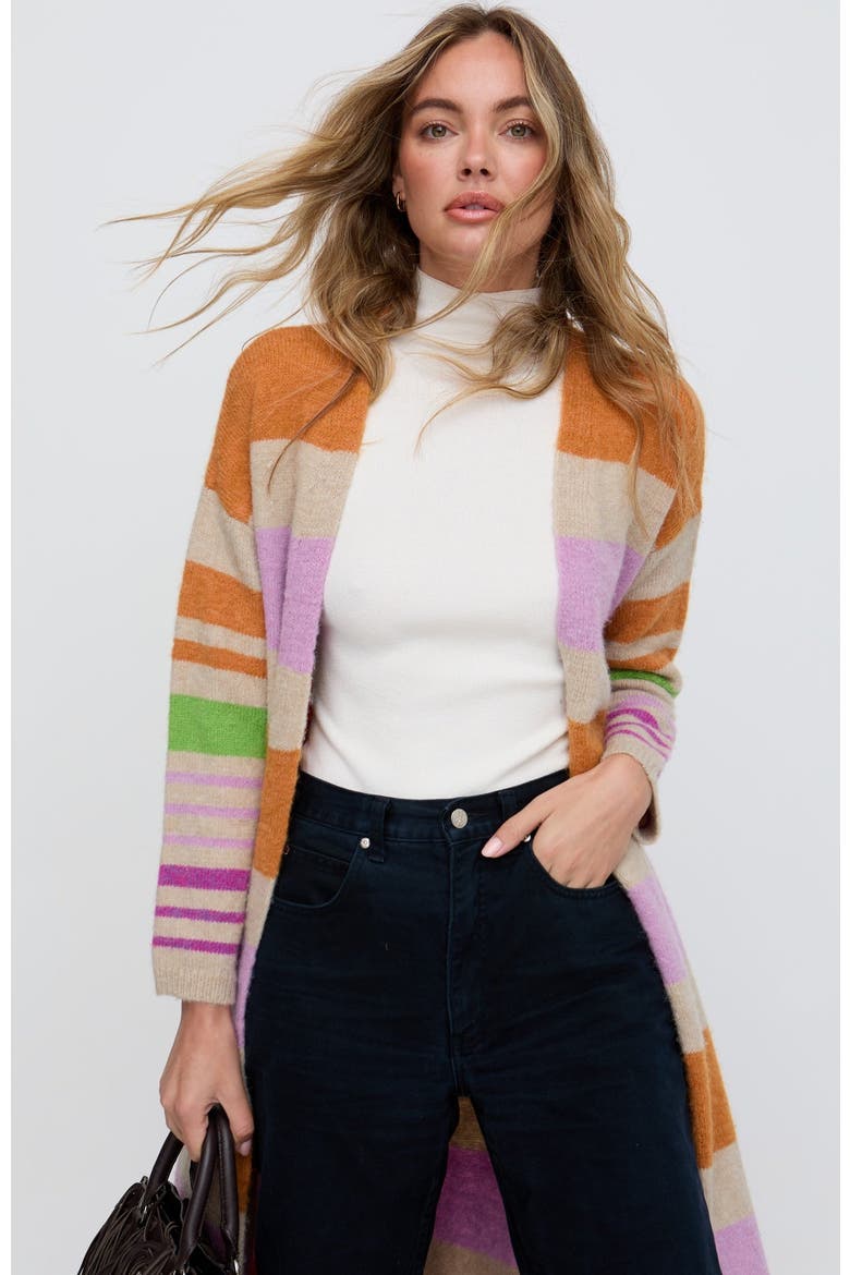 Blondie Long Line Rugby Stripe Cardigan, Alternate, color, Multi