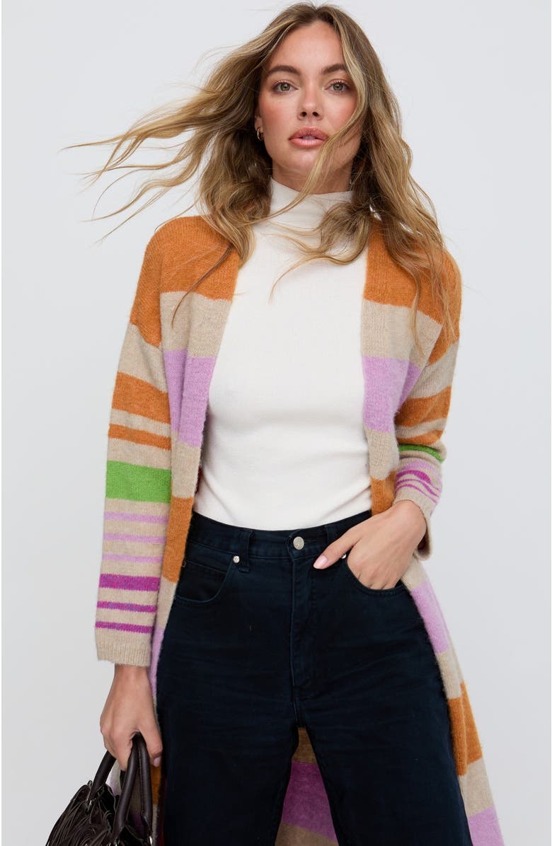 Raffya Blondie Long Line Rugby Stripe Cardigan, Alternate, color, Multi