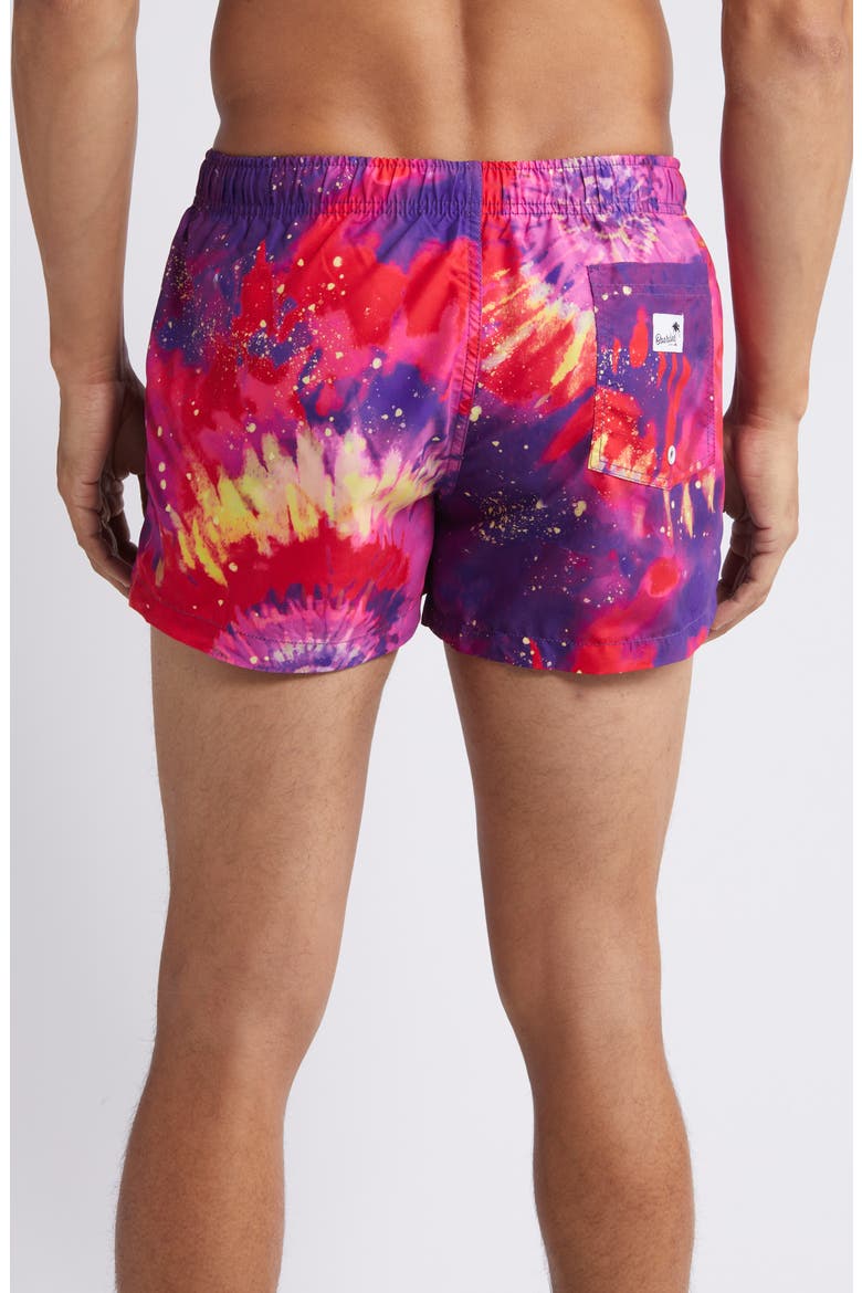 Bright Tie Dye Shortie Swim Trunks, Alternate, color, PURPLE MULTI