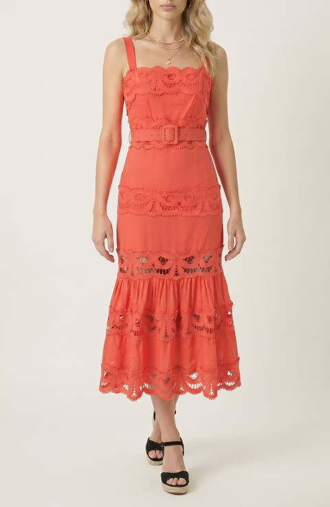 Belted Lace Inset Midi Dress with Square Neck and Tiered Skirt