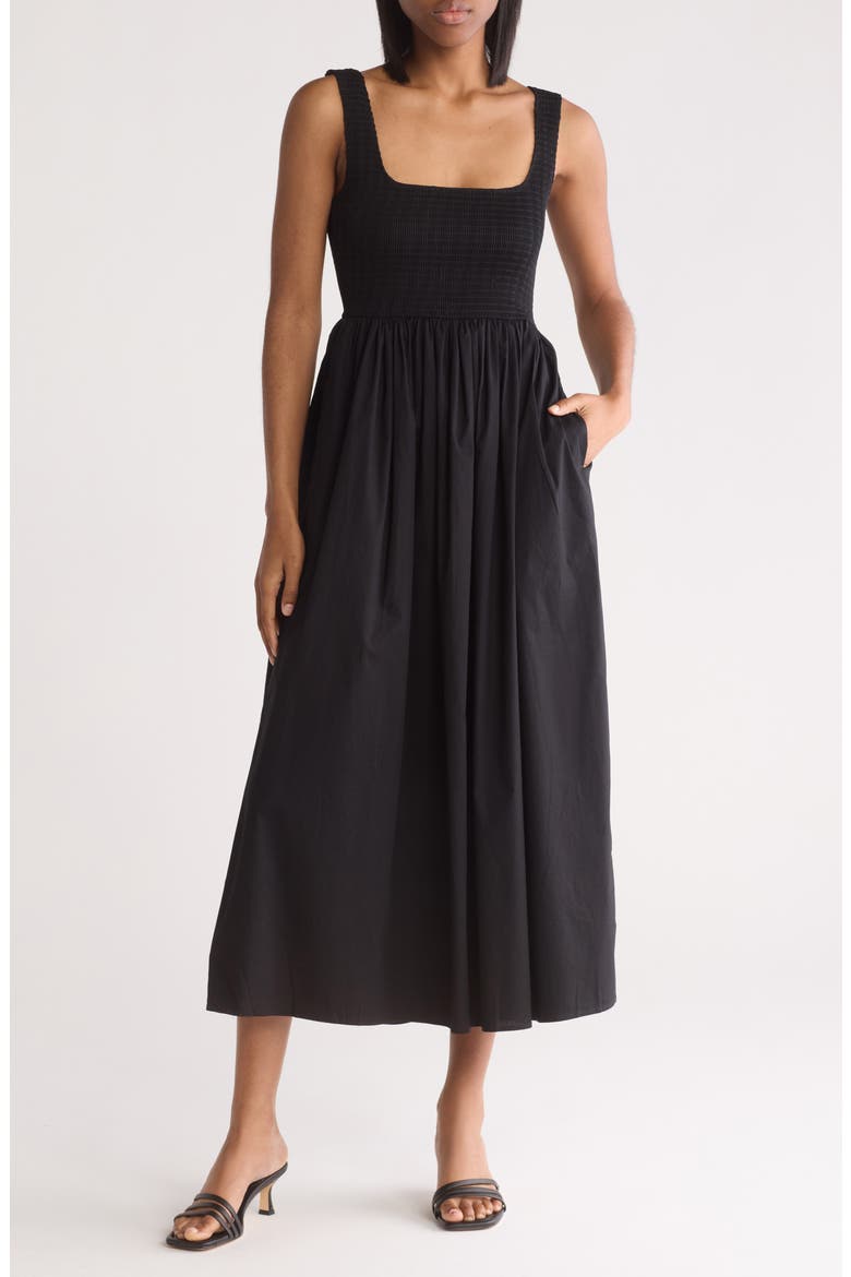 Smocked Fit & Flare Sundress, Main, color, BLACK