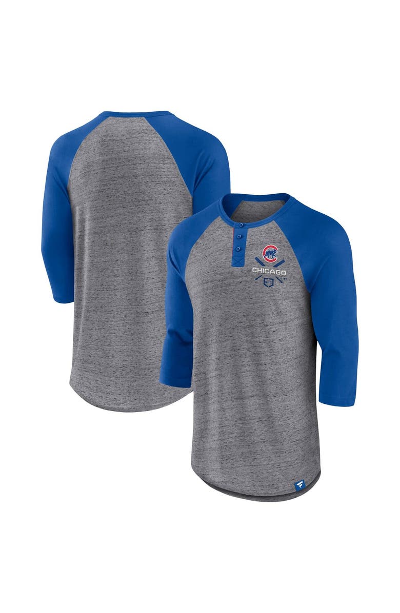 FANATICS Men's Fanatics Branded Heathered Gray/Royal Chicago Cubs Iconic Above Heat Speckled Raglan Henley 3/4 Sleeve T-Shirt, Main, color,