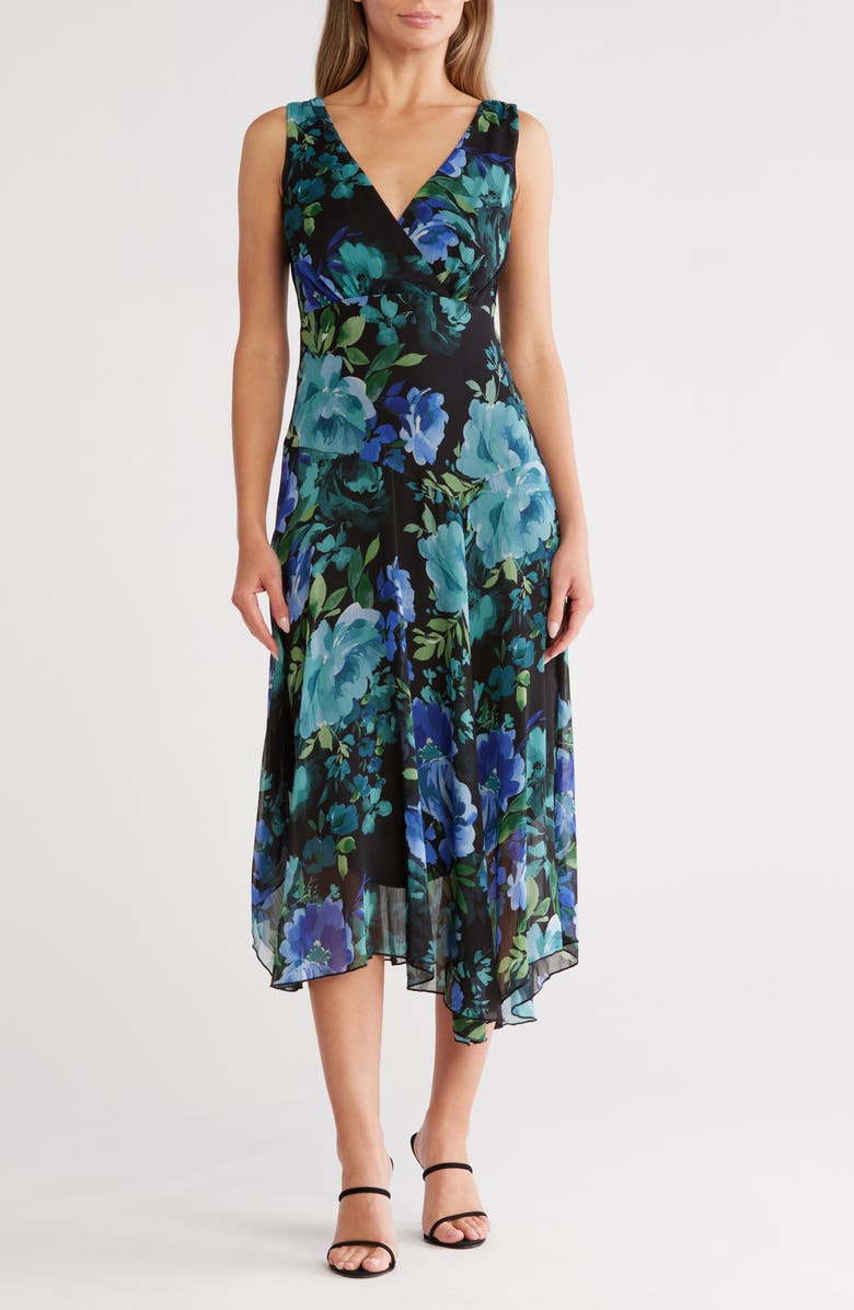 Connected Apparel Chiffon Asymmetric Midi Dress, Main, color,